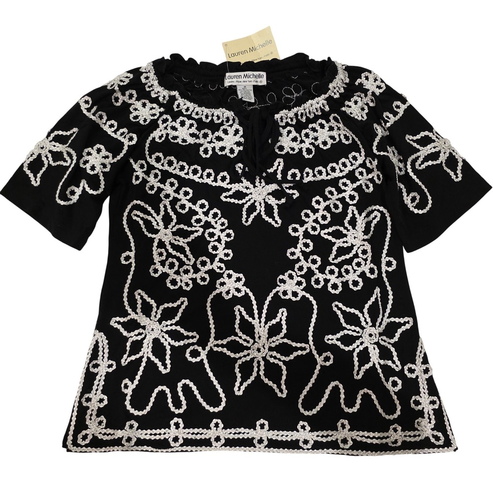 Lauren Michelle Black White Embroidered Tunic Top Blouse Women's‎ Size M